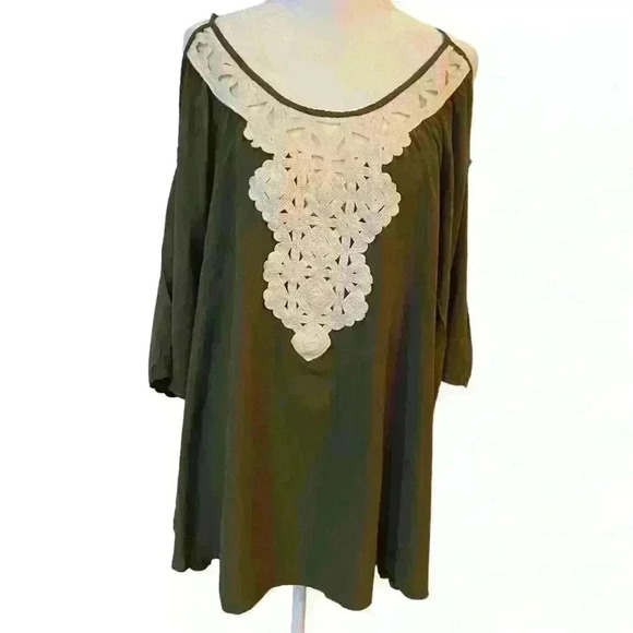 Solitaire Swim Cold Shoulder Swimsuit CoverUp Size S Olive Green w Embroidery - Picture 5 of 8
